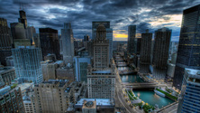 Chicago Skyline and River at Night, Chicago, Illinois, United States