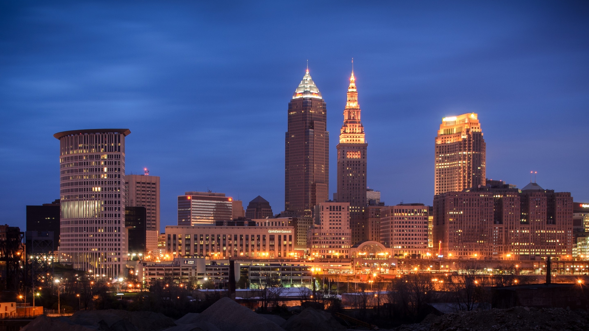 Cleveland Skyline with Key and Terminal Towers , Cleveland, Ohio, United States